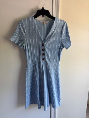 Xtraordinary Light Blue V-Neck Button Mini Dress